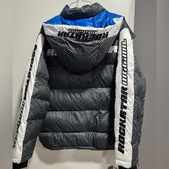 NEW!!! Mens stylish puffer jacket by RockStar Original; sz 2XL; Blk/ Wht/Blue - Picture 8 of 9